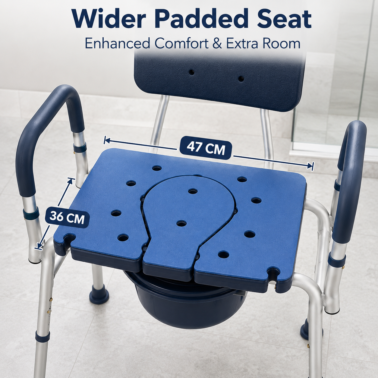 Wider Padded Seat Dimensions
Close up view focusing on the Altus summit extra wide shower chair showing the enhanced comfort blue padding measuring forty seven centimeters by thirty six centimeters