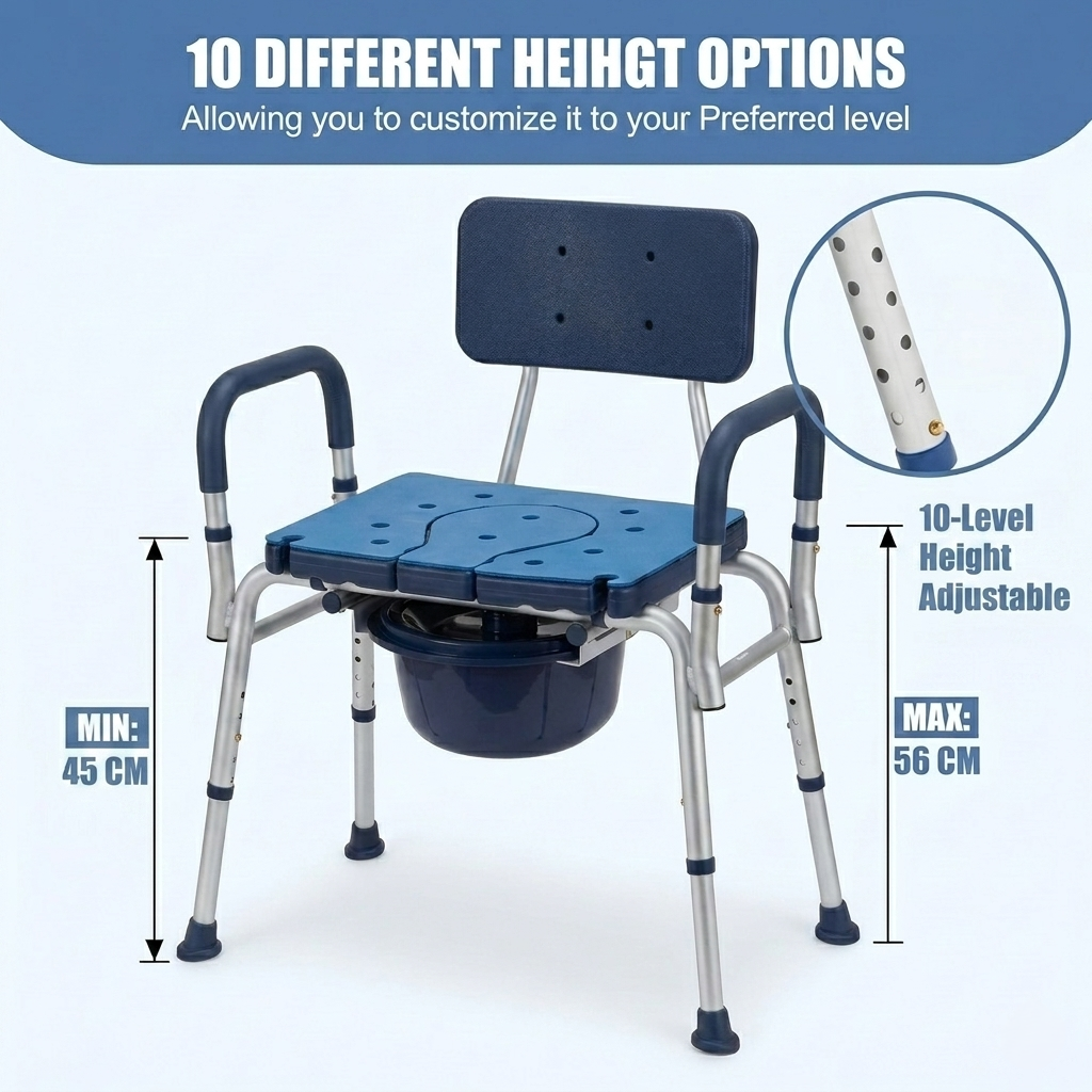 10 Different Height Options
Adjustment infographic showcasing the Altus summit extra wide shower chair with ten level height adjustable legs ranging from forty five centimeters to fifty five centimeters