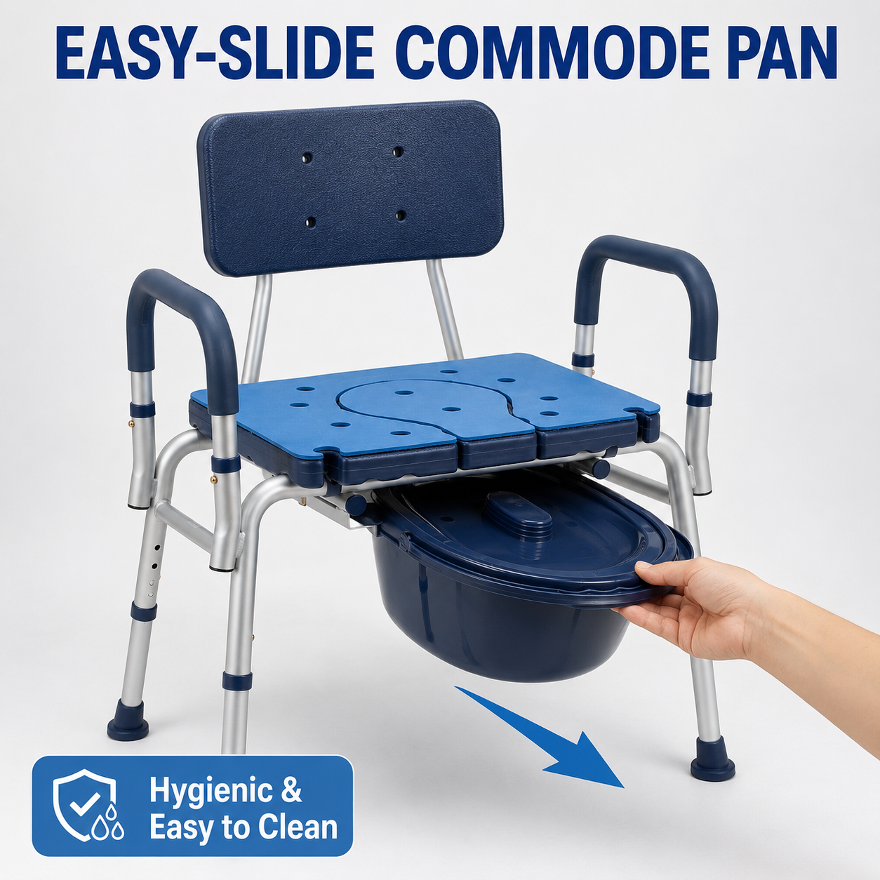 Easy Slide Commode Pan Feature
Product demonstration photo showing how the hygienic bucket slides out effortlessly from underneath the Altus summit extra wide shower chair for easy cleaning