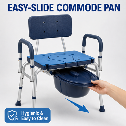 Easy Slide Commode Pan Feature
Product demonstration photo showing how the hygienic bucket slides out effortlessly from underneath the Altus summit extra wide shower chair for easy cleaning