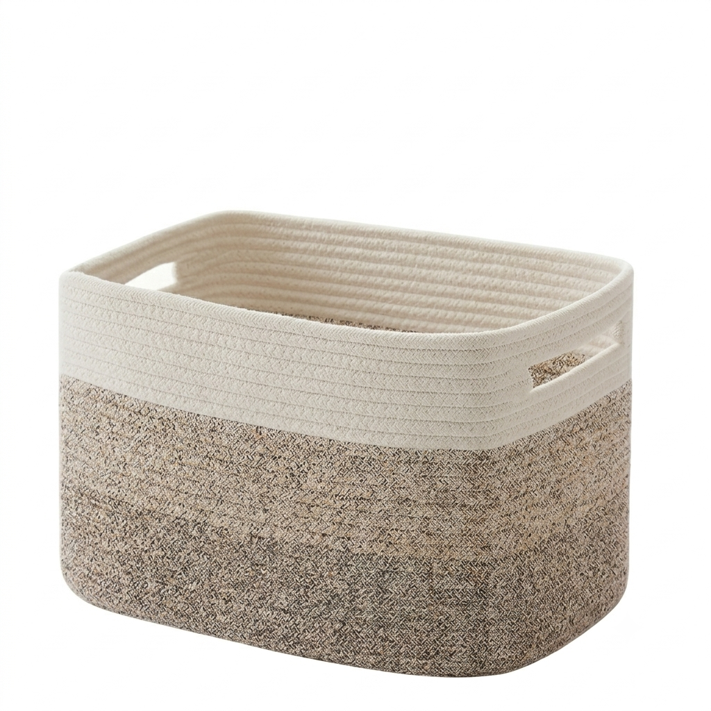 A rectangular woven rope storage basket with integrated side handles, featuring a cream top band and a marled beige and gray lower body, shown on a plain white background.