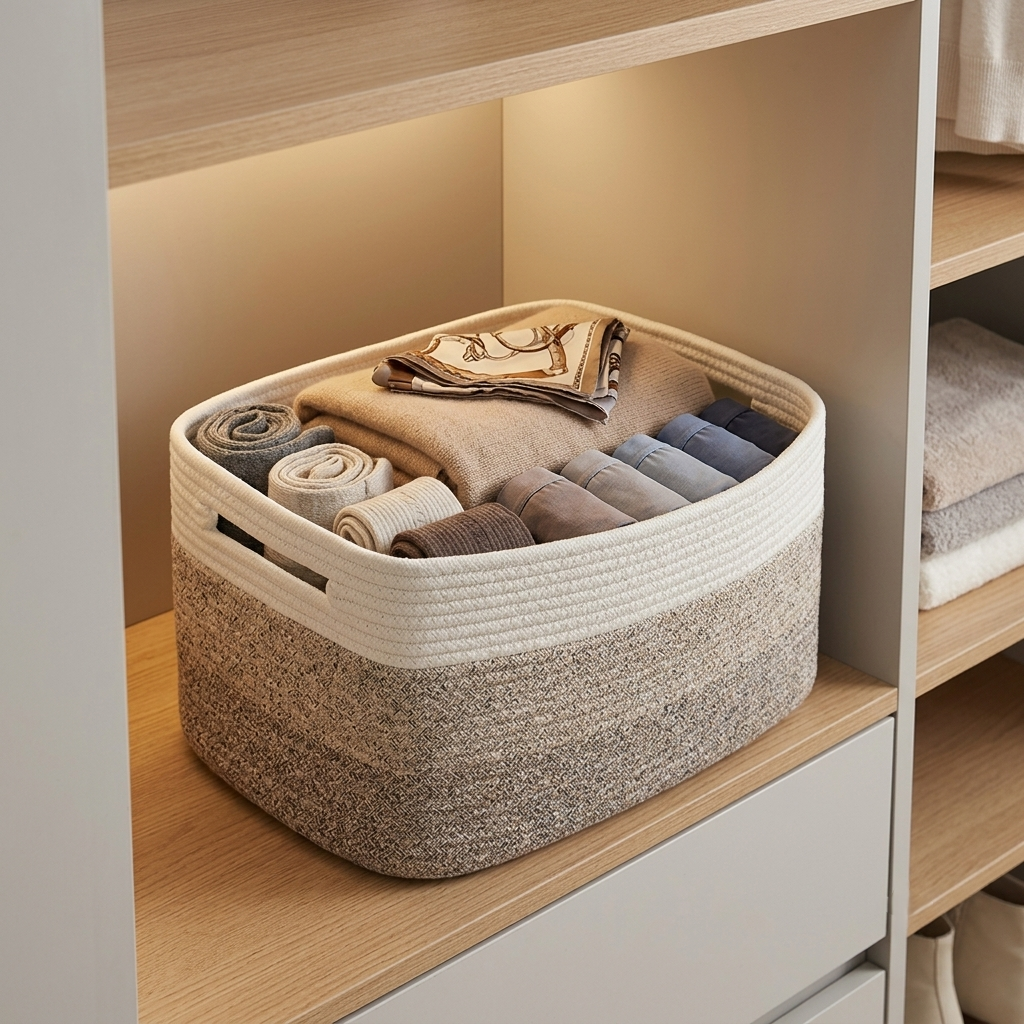 A woven storage basket with a cream top rim and a speckled beige-and-gray lower body, filled with folded towels and blankets, placed on a wooden shelf inside a closet organizer.