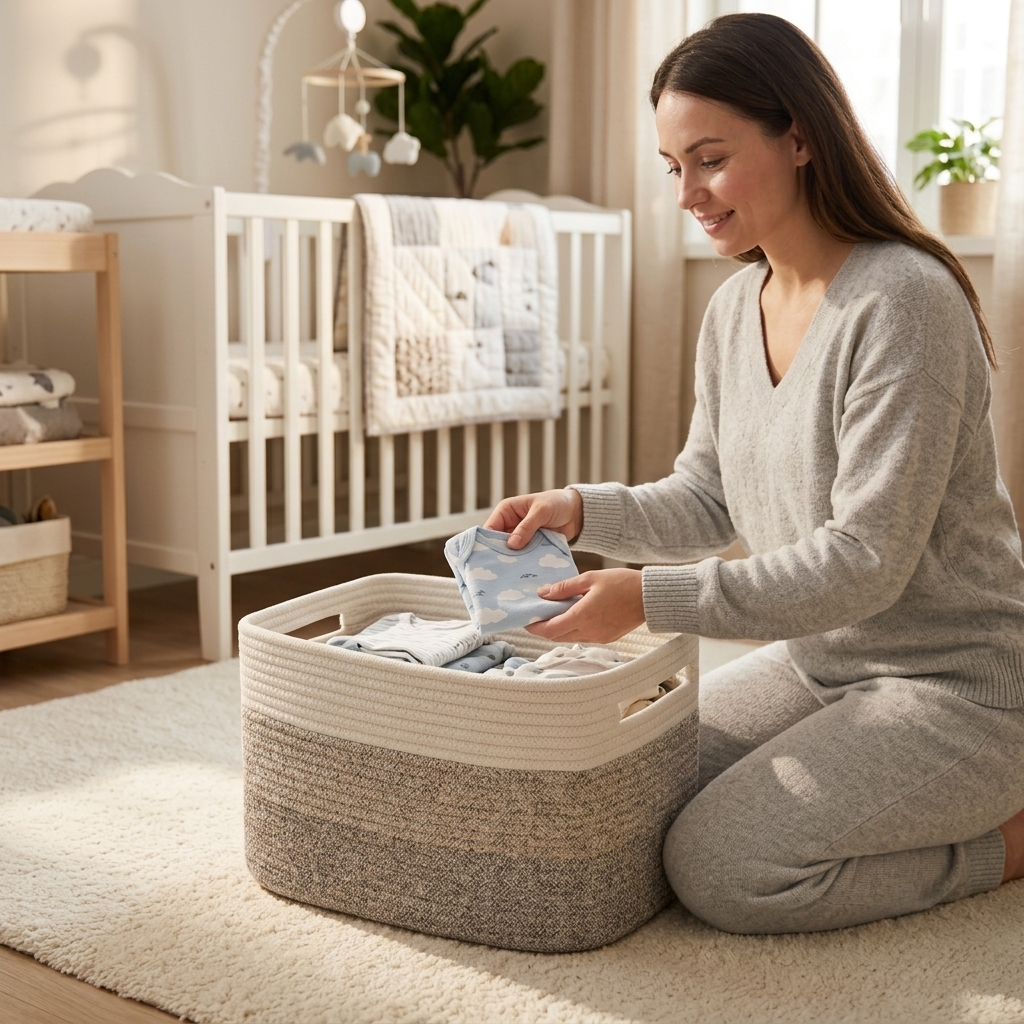 A woman kneels on a cream rug in a bright nursery, holding a folded baby blanket over a woven storage basket filled with baby clothes. A white crib, soft bedding, and nursery decor are visible in the background.