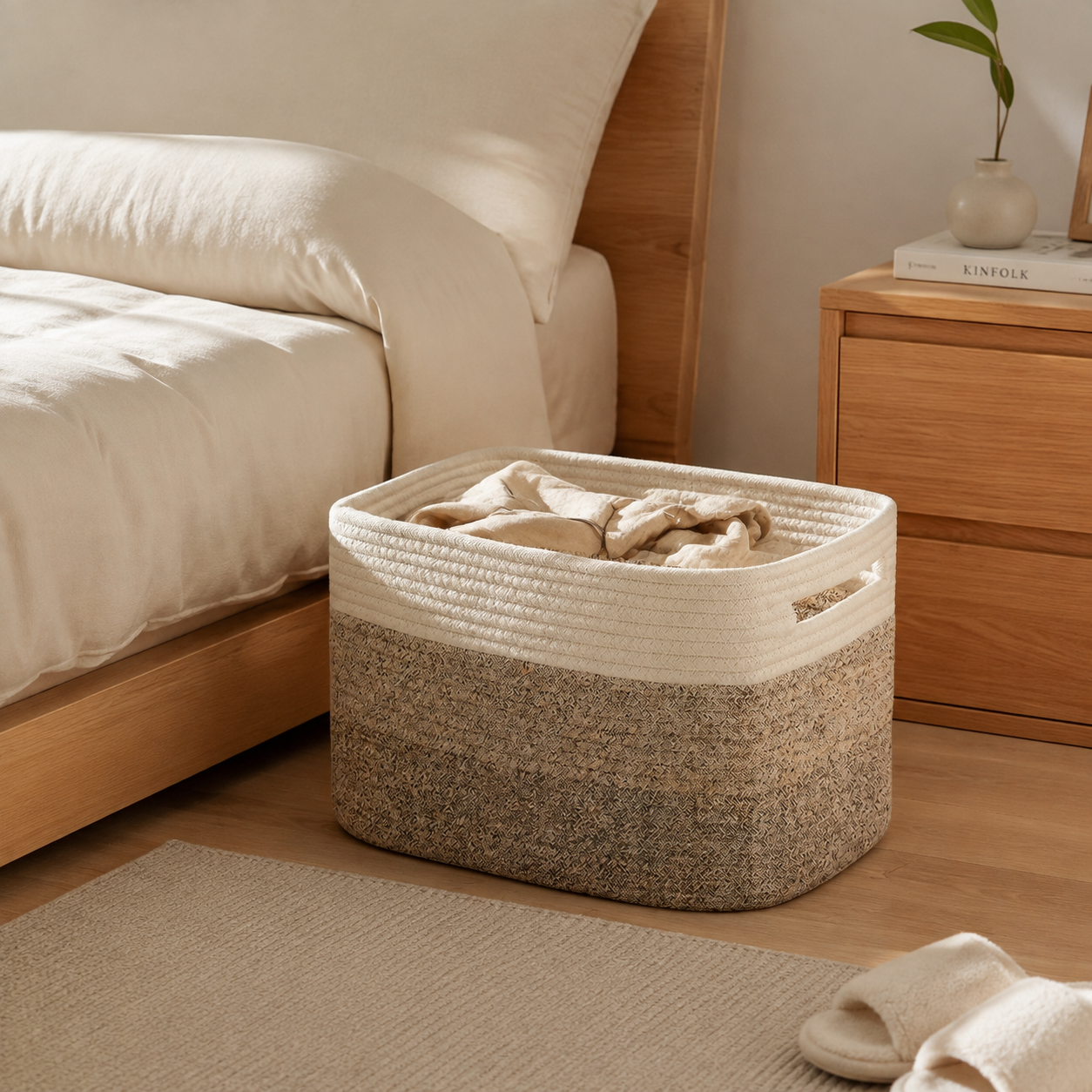 A two-tone woven storage basket with a cream rope top and a speckled beige-brown lower body, filled with folded towels in a bedroom setting next to a wooden bed.