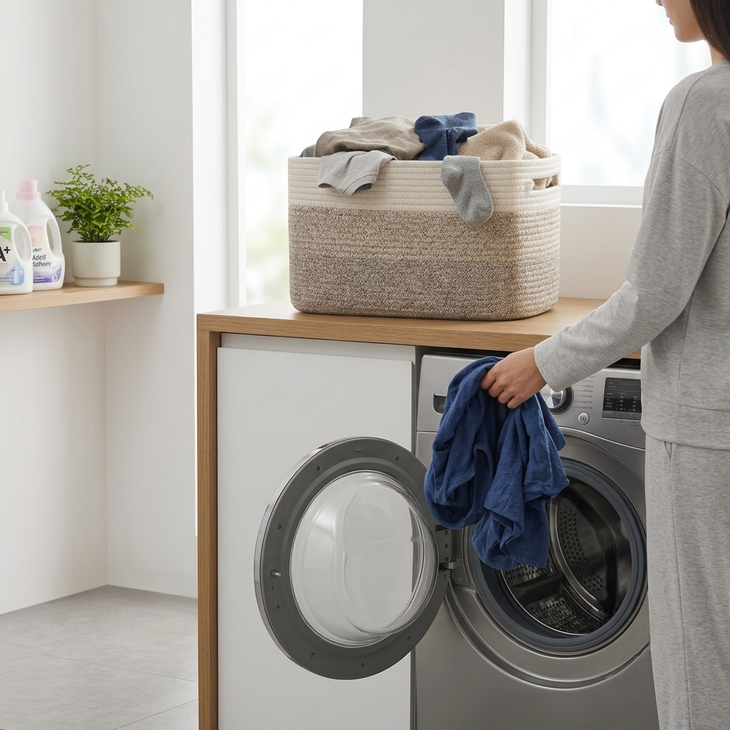 A woman in a gray sweatshirt stands beside a front-loading washing machine, holding a blue towel or garment near the open door. A woven laundry basket filled with clothes sits on the wooden counter above the machine in a bright, clean laundry room.