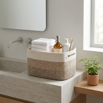 A woven rectangular storage basket with a cream top band and a beige-and-tan striped body, placed on a bathroom counter. The basket holds folded white towels, an amber pump bottle, a white bottle, and a wooden toothbrush holder, with a sink, mirror, window, and small potted plant nearby.