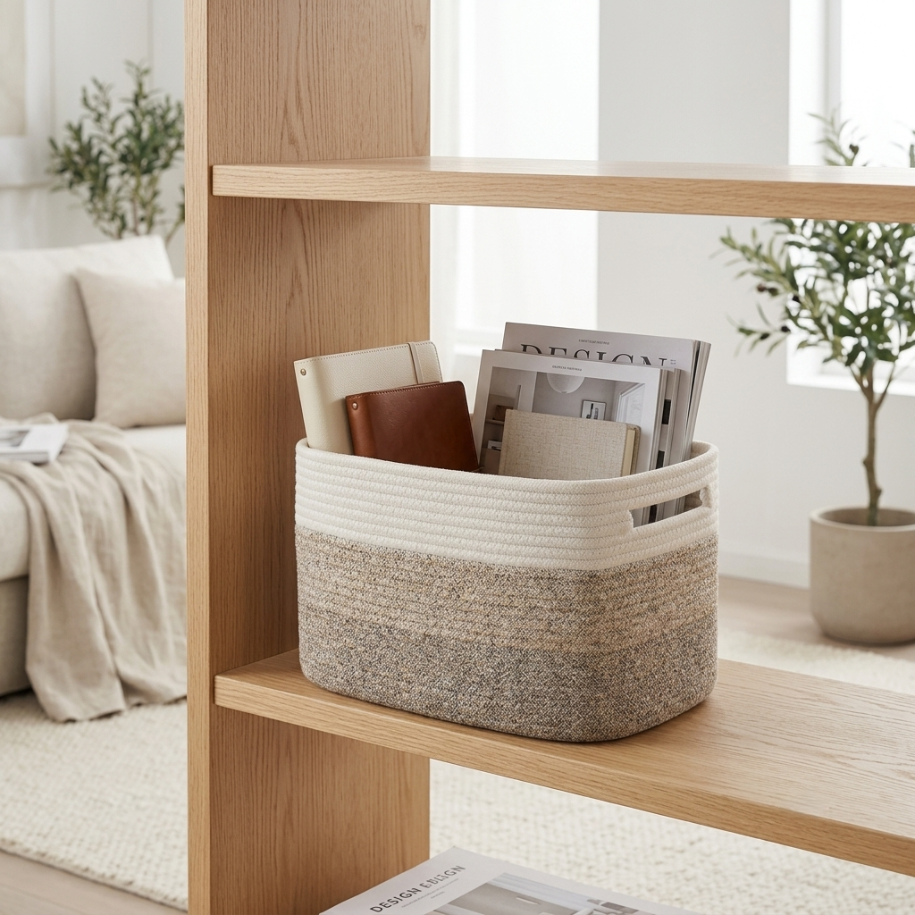 A rope-wrapped storage basket in beige and gray sits on a light wood shelf in a bright, modern living room setting.