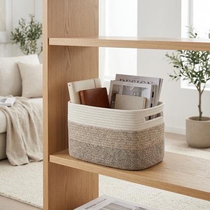 A rope-wrapped storage basket in beige and gray sits on a light wood shelf in a bright, modern living room setting.