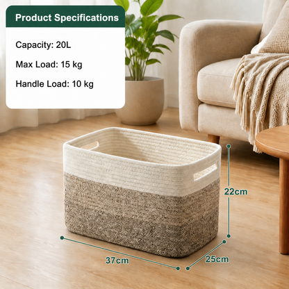 A woven rectangular storage basket shown in a living room setting with overlaid dimensions (37cm x 25cm x 22cm) and a product specifications box listing capacity, max load, and handle load.