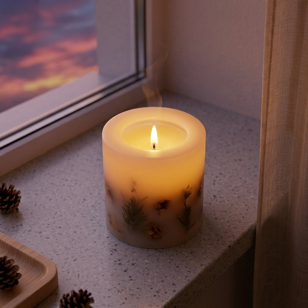 A lit cylindrical candle with dried botanical details sits on a speckled windowsill, with a sunset visible through the window and pinecones nearby.