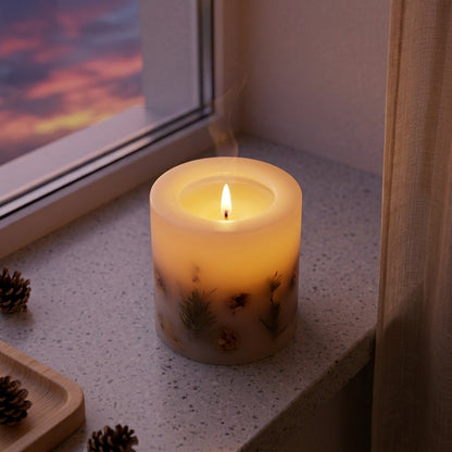A lit cylindrical candle with dried botanical details sits on a speckled windowsill, with a sunset visible through the window and pinecones nearby.