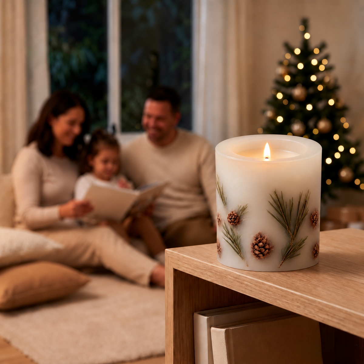 A lit white pillar candle with pine needles and pinecones sits on a wooden table in the foreground, with a blurred family reading in a cozy living room and a Christmas tree in the background.