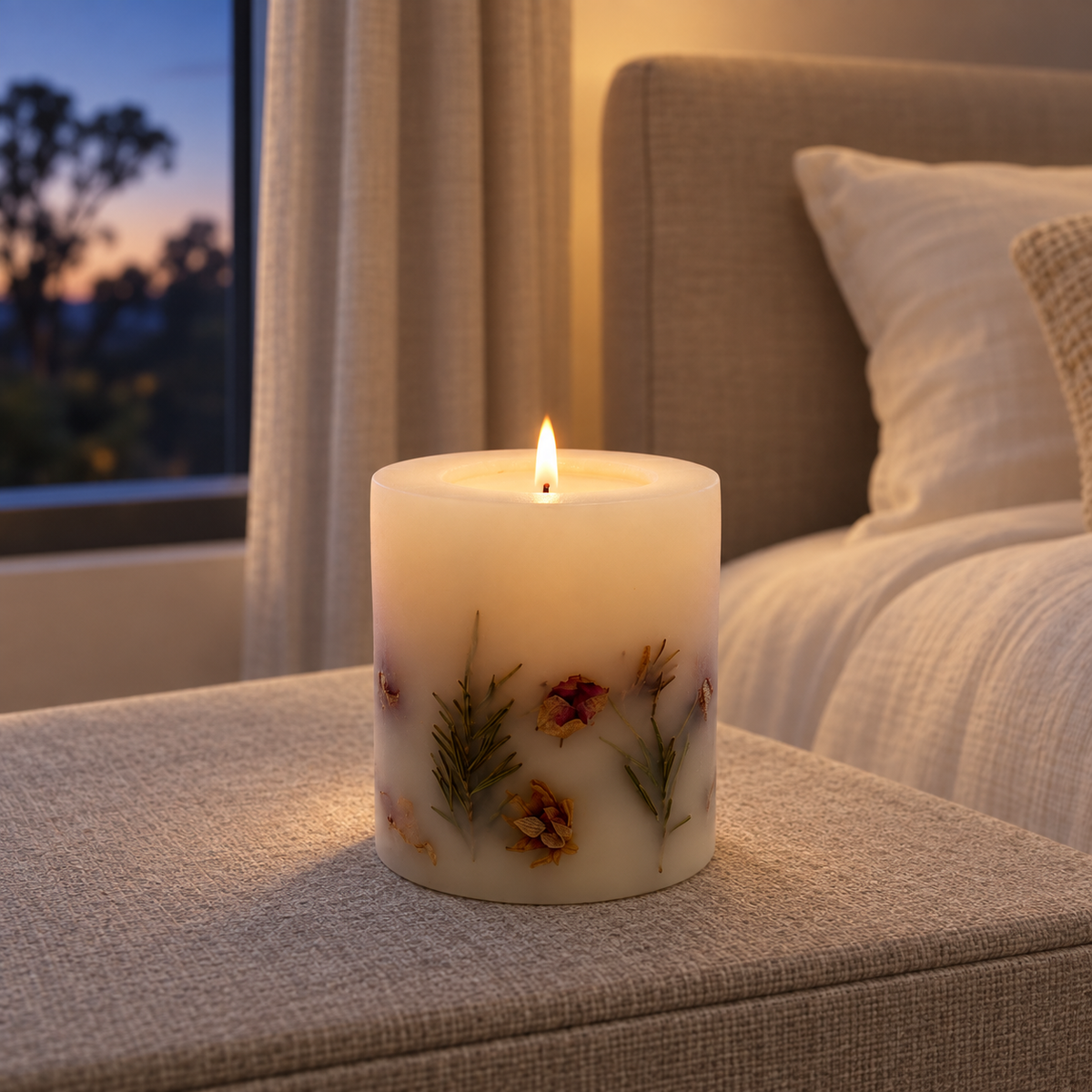 A lit cylindrical candle with pressed dried flowers and green herbs embedded in the wax, placed on a textured beige ottoman in a softly lit bedroom setting.