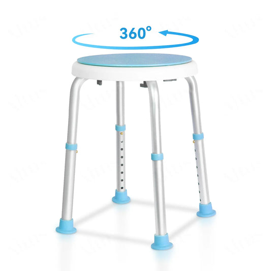 Adjustable bathroom stool with blue cushion and white frame, showcasing varying heights and rubber anti-slip feet.