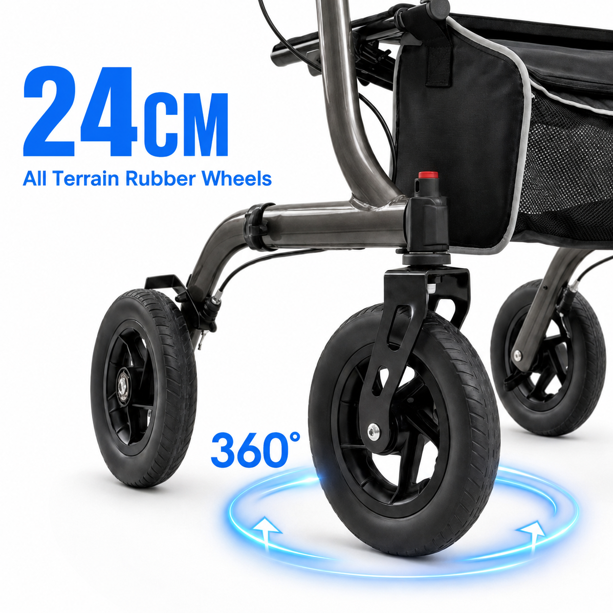 Close-up of a rolling wheelchair or walker frame with black terrain wheels, blue text reading '24CM All Terrain Rubber Wheels,' and a blue circular arrow graphic around the front wheel with '360°' text on a white background.