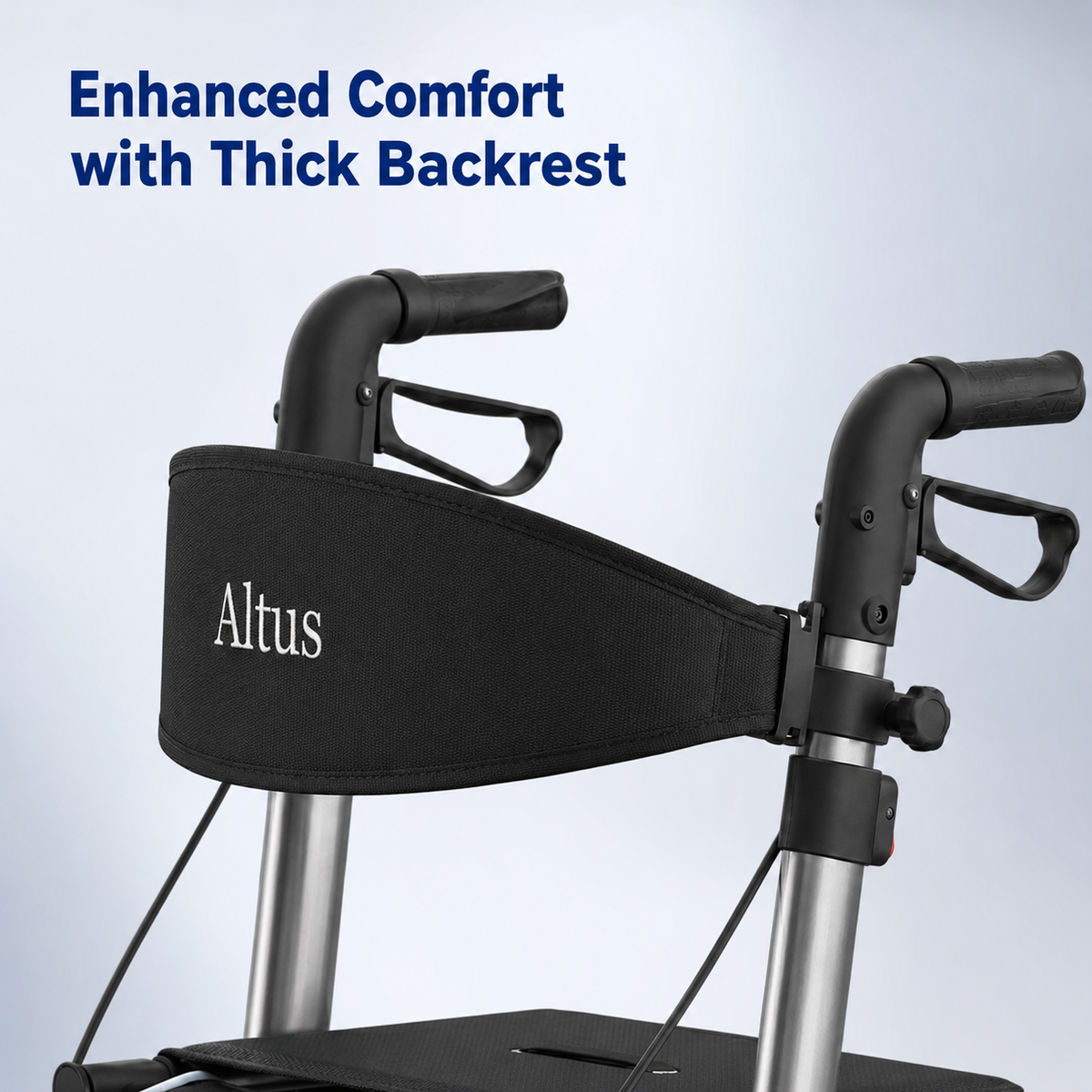 Close-up of a walker or rollator with a black padded backrest support strap and silver metal frame. Blue text at the top reads 'Enhanced Comfort with Thick Backrest.