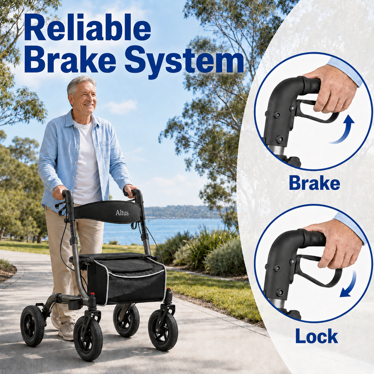 An older man pushes a black Altra rollator outdoors on a paved path near water, with large text reading 'Reliable Brake System' and two circular inset diagrams showing the brake and lock positions.