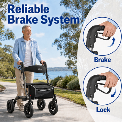An older man pushes a black Altra rollator outdoors on a paved path near water, with large text reading 'Reliable Brake System' and two circular inset diagrams showing the brake and lock positions.