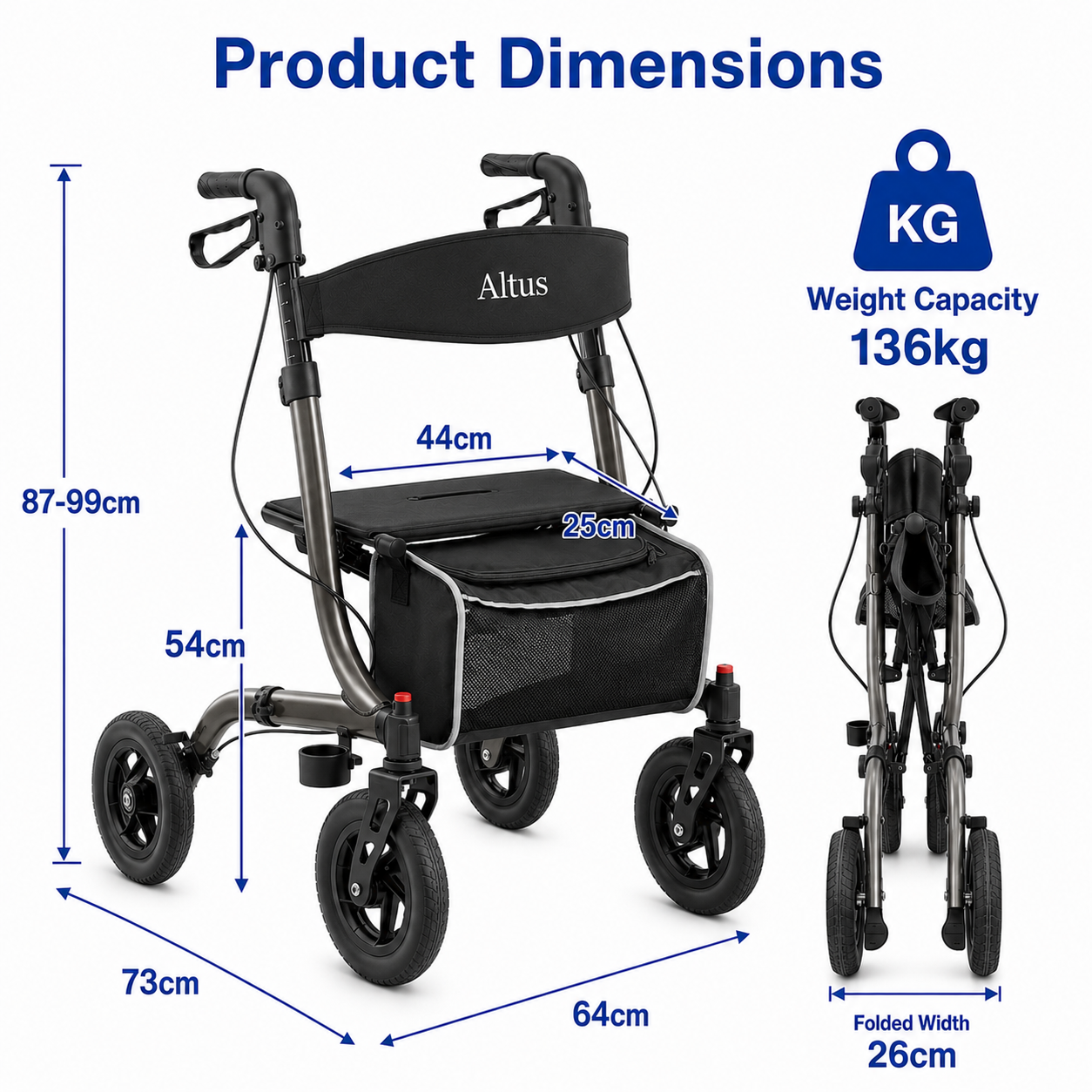 Product dimensions diagram for a black Altus rolling chair with wheeled frame, showing front, side, and folded width measurements, plus weight capacity of 136kg on a white background.