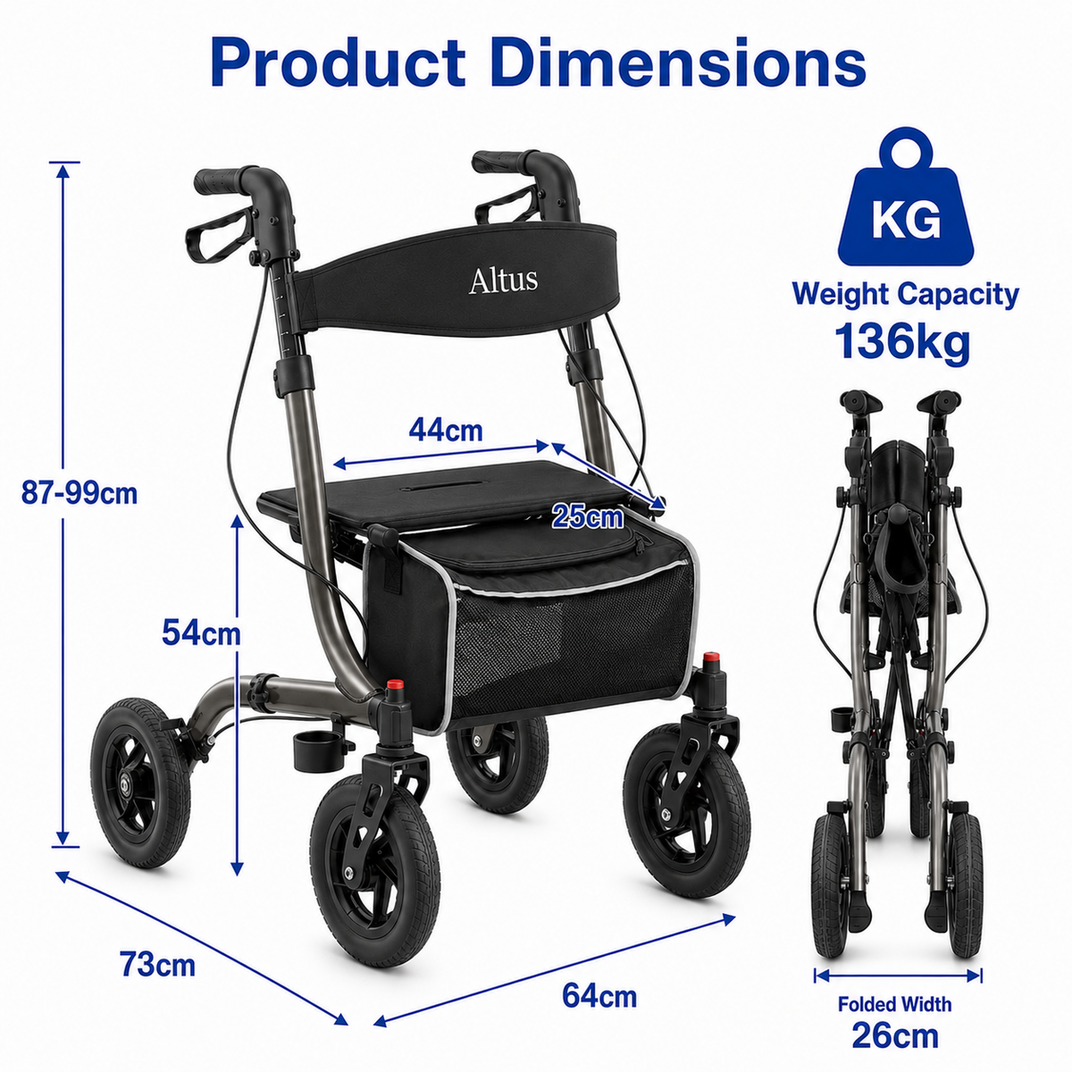 Product dimensions diagram for a black Altus rolling chair with wheeled frame, showing front, side, and folded width measurements, plus weight capacity of 136kg on a white background.