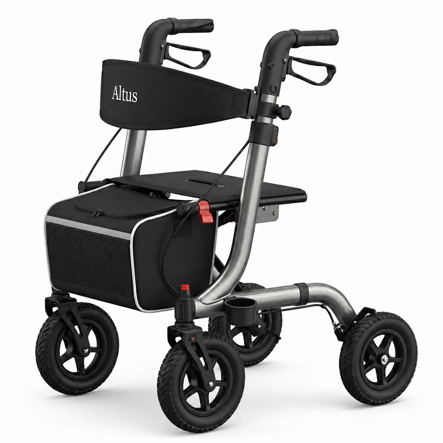 Altus rollator walker with a black storage bag, black seat, and silver metal frame on a white background.