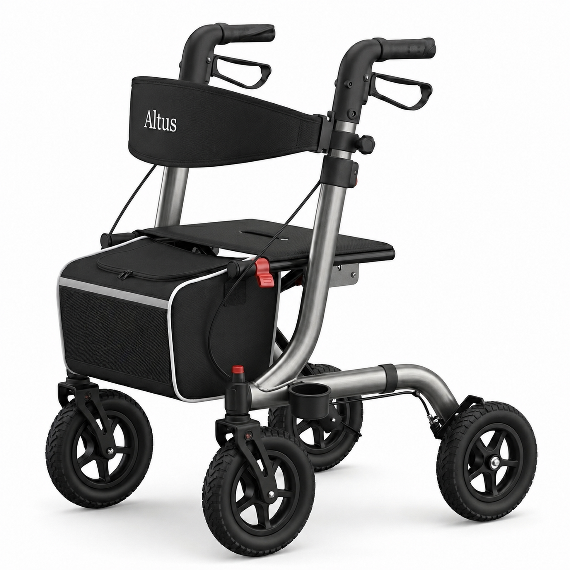 Altus rollator walker with a black storage bag, black seat, and silver metal frame on a white background.