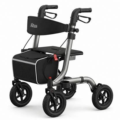 Altus rollator walker with a black storage bag, black seat, and silver metal frame on a white background.