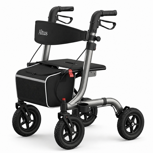 Altus rollator walker with a black storage bag, black seat, and silver metal frame on a white background.