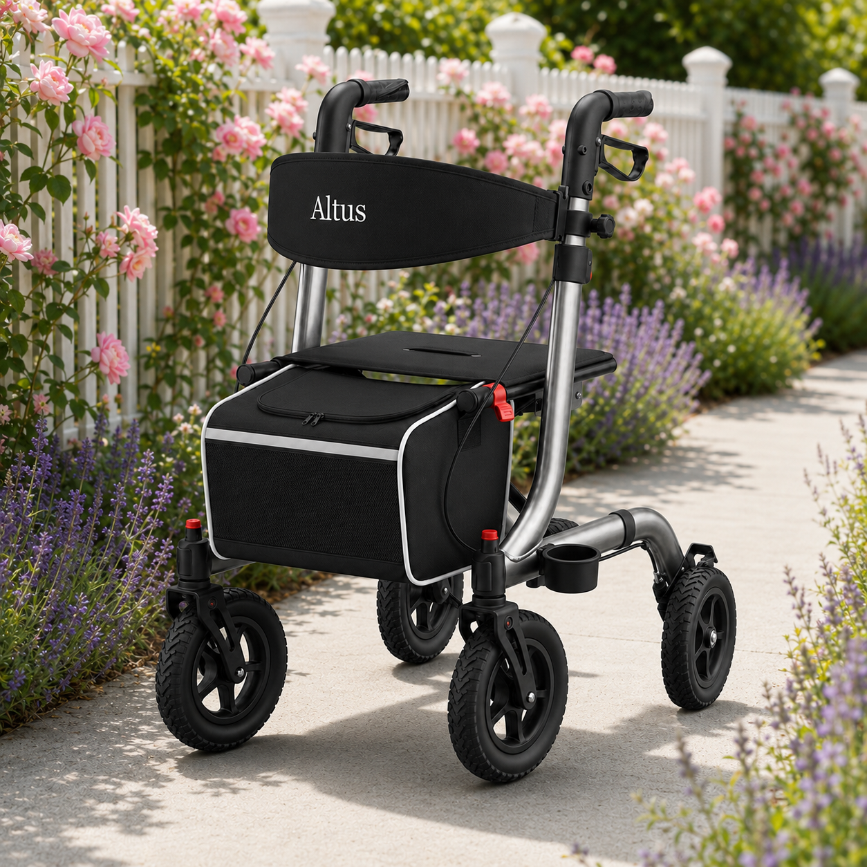 A black and silver Altus rollator walker with a storage basket, shown in a garden setting on a paved path.