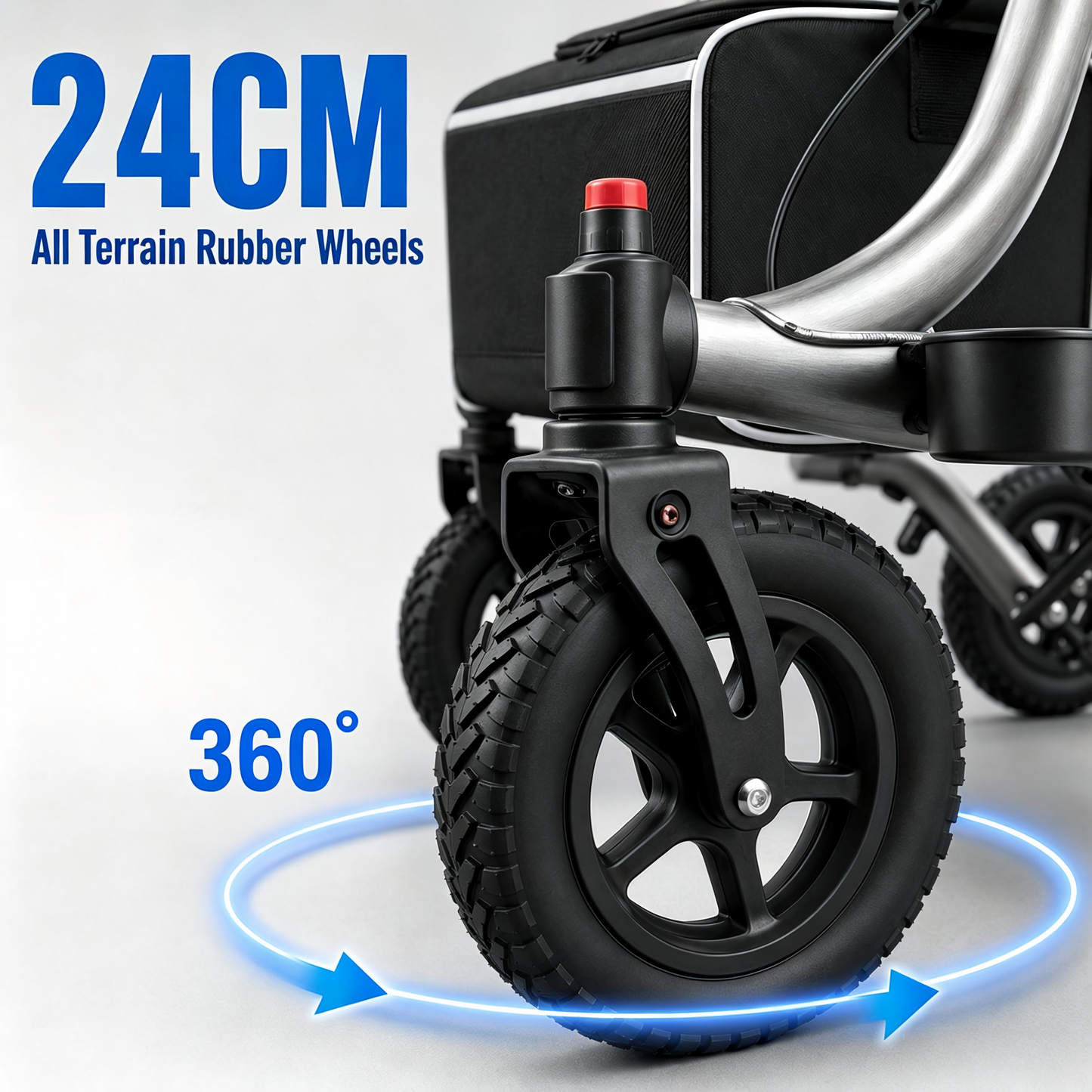 Close-up of a black all-terrain wheelchair wheel with a blue circular graphic and arrows showing rotation, plus text reading '24CM All Terrain Rubber Wheels' and '360°'.
