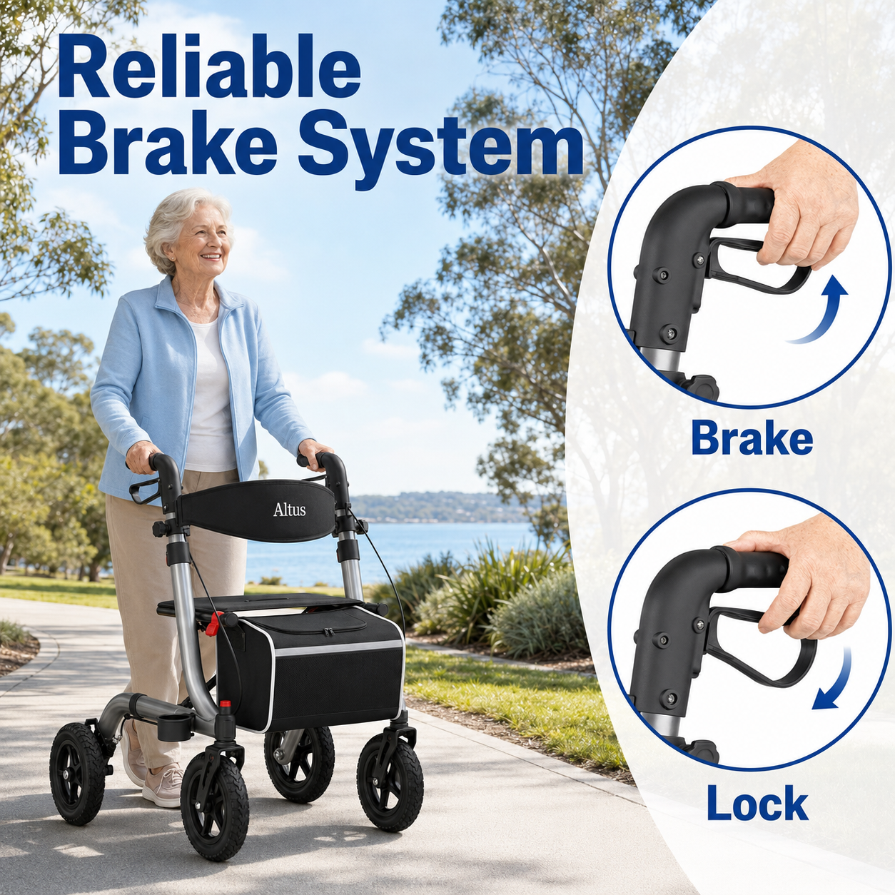 An outdoor promotional graphic for a rolling walker. A woman in a light blue cardigan and beige pants is shown using the walker on a paved path near water, with large text reading 'Reliable Brake System.