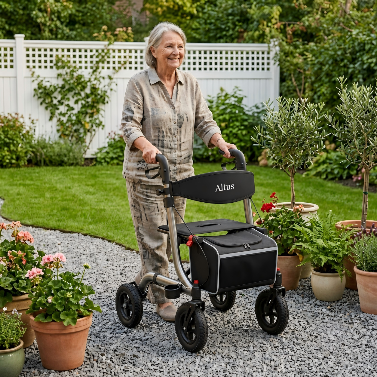 An older woman stands in a garden using an Altus rollator walker. The walker has a black seat and backrest with the brand name 'Altus' visible, a black storage bag, and a silver frame with black wheels.