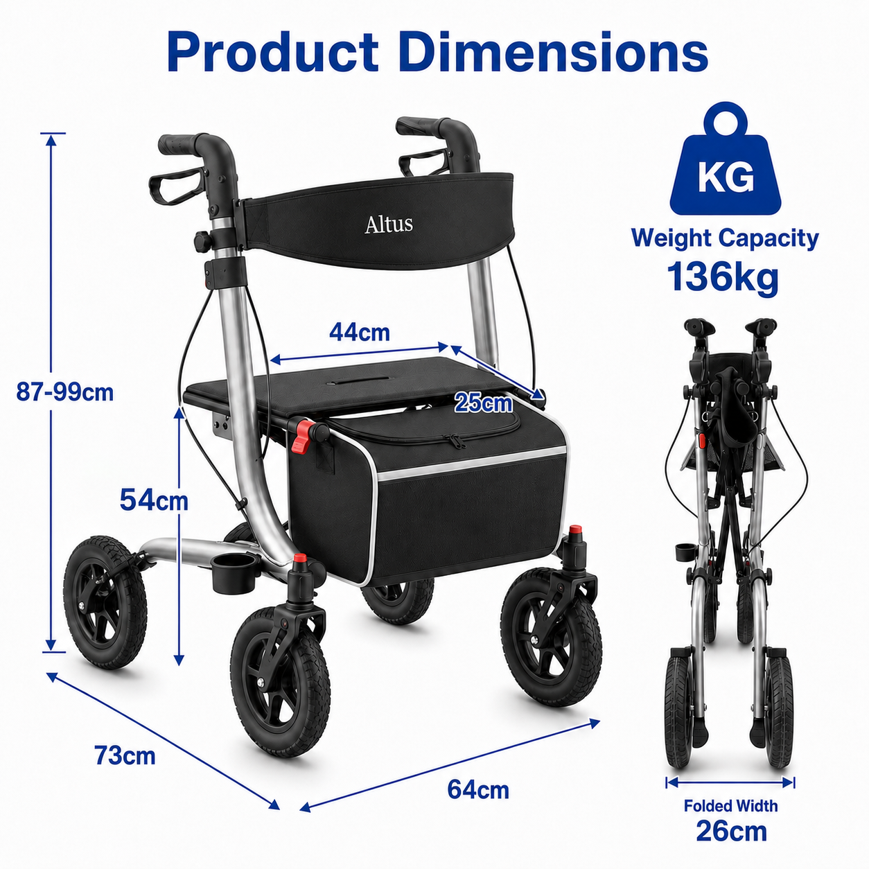 Product dimensions diagram for the Altus rolling chair with overlaid measurements, weight capacity icon, and folded width information on a white background.