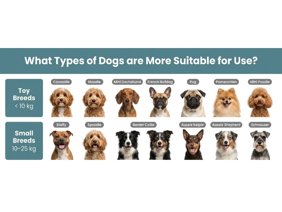An infographic titled 'What Types of Dogs are More Suitable for Use?' showing rows of dog portraits labeled by breed and size category. The top row includes Cavalier King Charles Spaniel, Moodle, Mini Dachshund, French Bulldog, Pug, Pomeranian, and Mini Fossie.