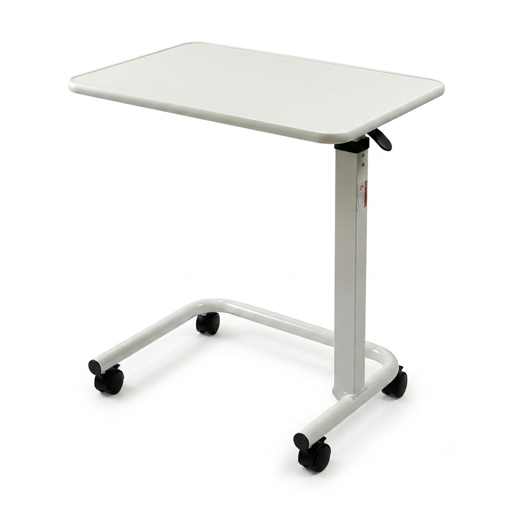 White adjustable medical or office side table with a rectangular top, height-adjustable metal leg, and black caster wheels on a white background.