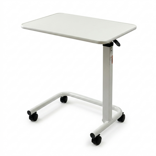 White adjustable medical or office side table with a rectangular top, height-adjustable metal leg, and black caster wheels on a white background.