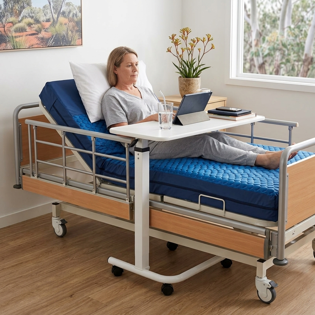 A woman reclines in a hospital-style adjustable bed with a blue mattress, metal guard rails, and an attached white lap desk with a tablet, in a bright bedroom setting.