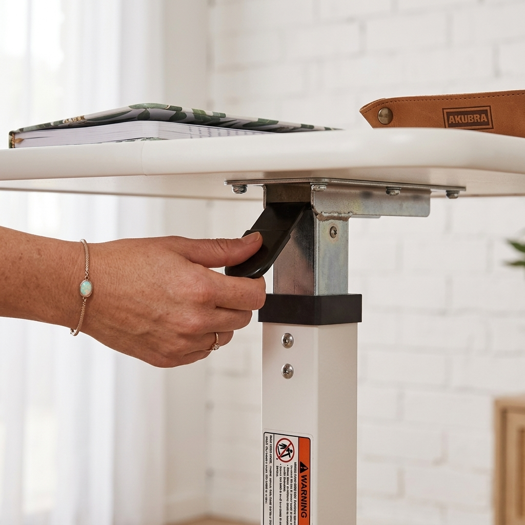 A close-up of a person's hand adjusting the black lever on a white ANKURA height-adjustable table leg, with a white tabletop and a notebook in the background.