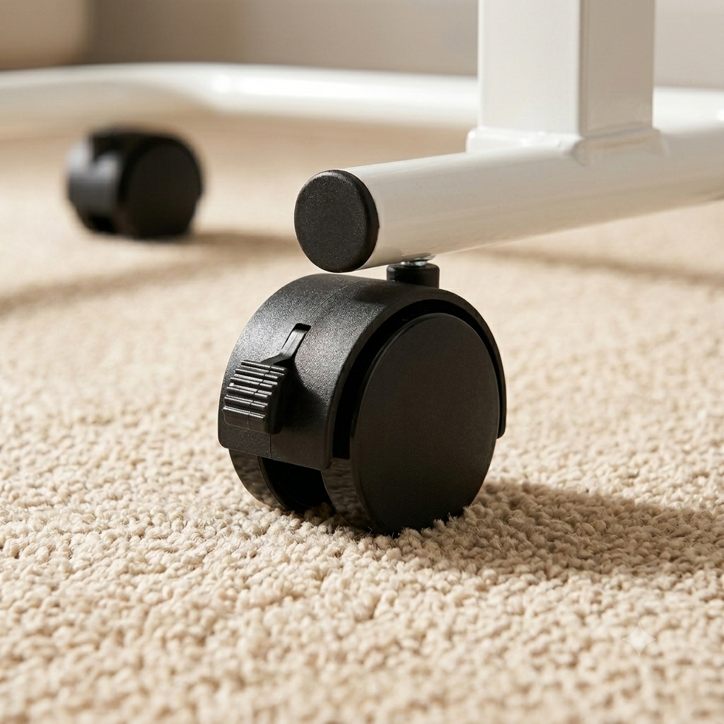 Close-up of a black caster wheel attached to a white furniture leg, resting on a beige carpet with a second wheel blurred in the background.