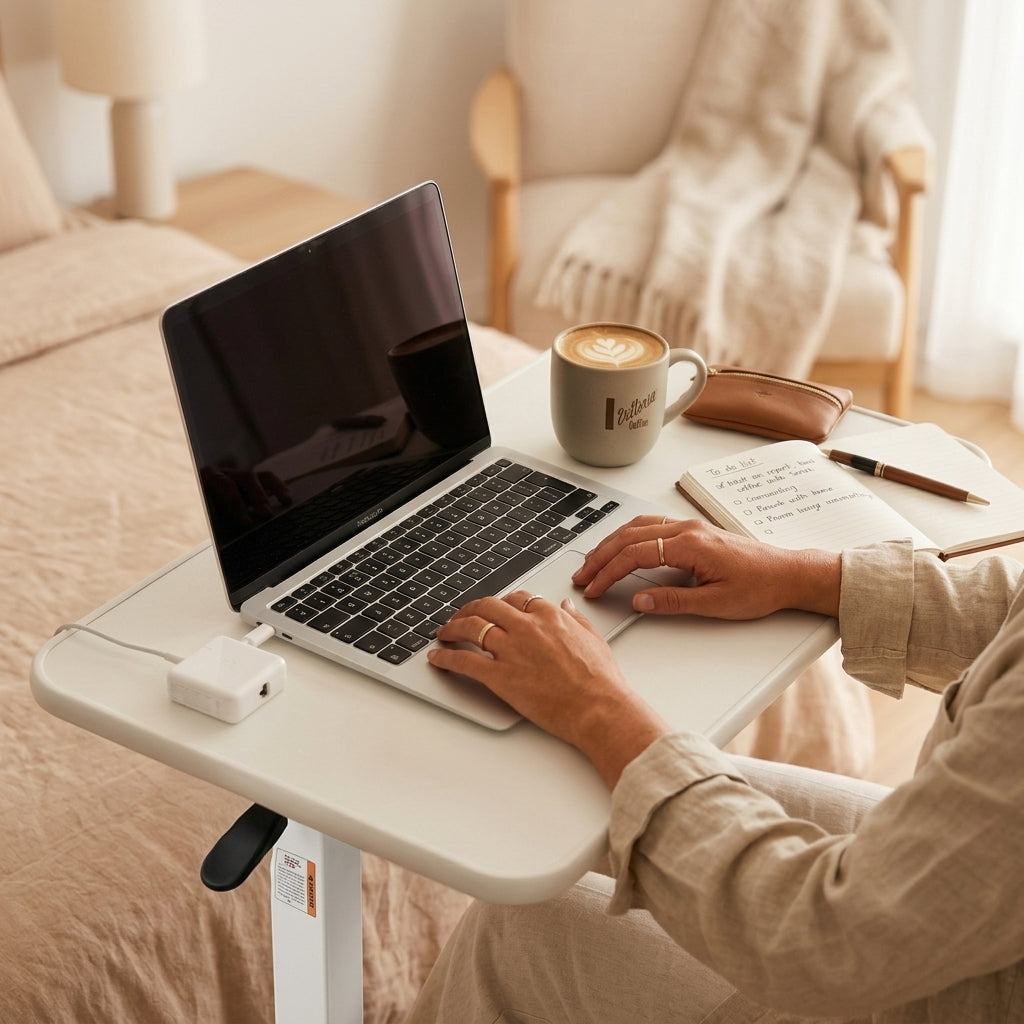 A person uses a laptop on a white adjustable standing desk in a cozy bedroom setting. The desk is shown with a laptop, a mug of coffee, a notebook, and a small white accessory on its surface.