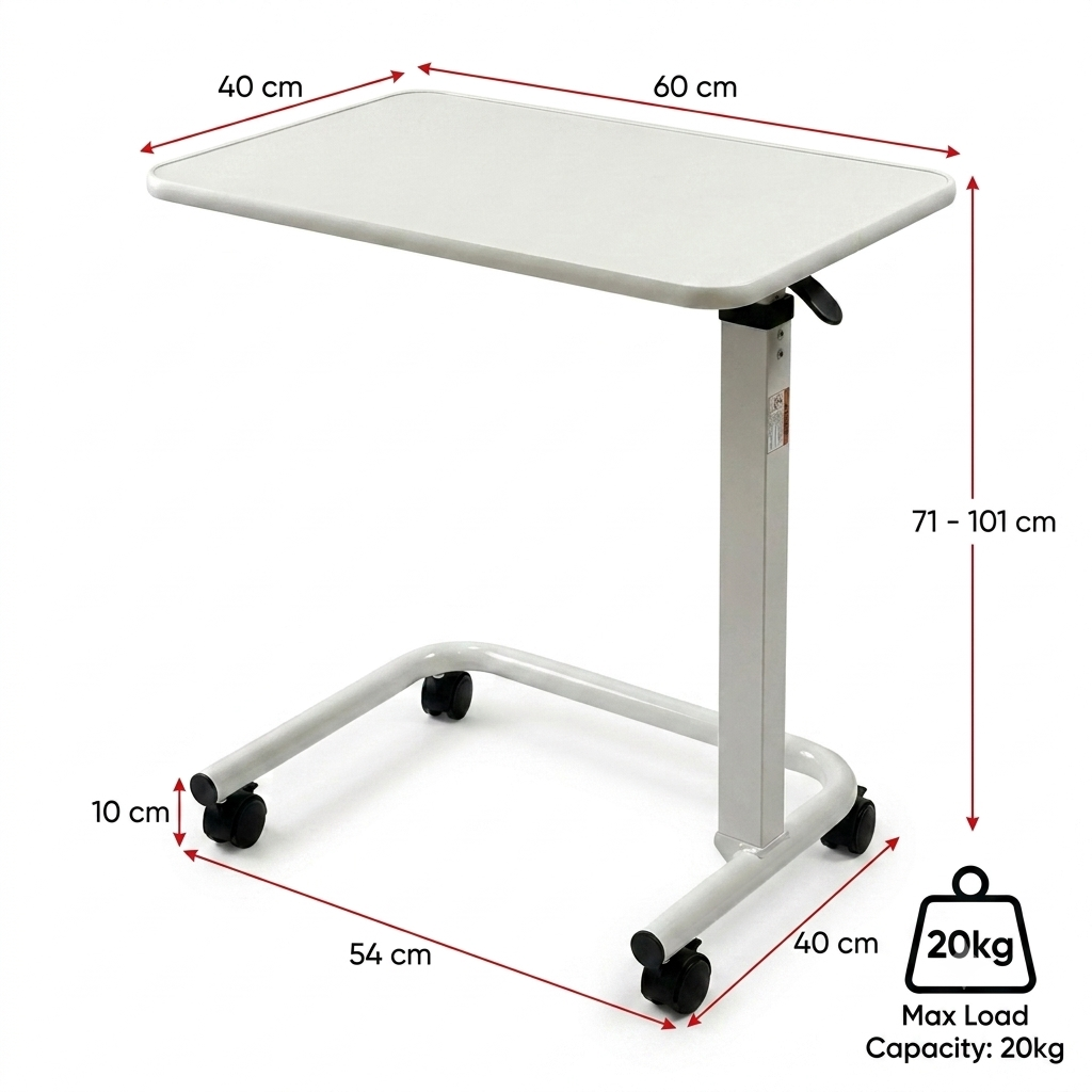 White adjustable medical-style patient bed table with dimension markings showing tabletop size 60 cm by 40 cm, base width 54 cm, height 71-101 cm, and a 20 kg max load icon on a white background.