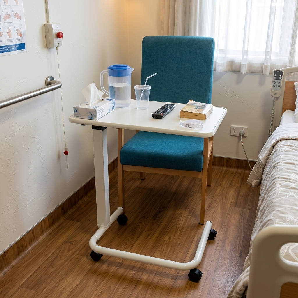 A white medical-style height-adjustable bedside table with black caster wheels, shown in a hospital or bedroom setting next to a bed and chair.