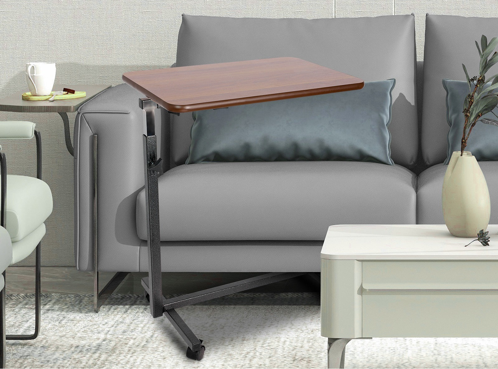 Designed for easy mobility and daily use, this overbed table features a stable surface and durable build. Perfect for home offices or bedside care, it adjusts to suit different seating positions, providing practical support for work or relaxation.