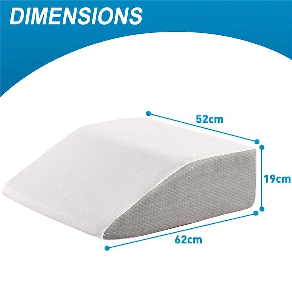 White curved wedge pillow with dimension annotations showing 52cm length, 62cm base, and 19cm height, under a blue 'DIMENSIONS' header.