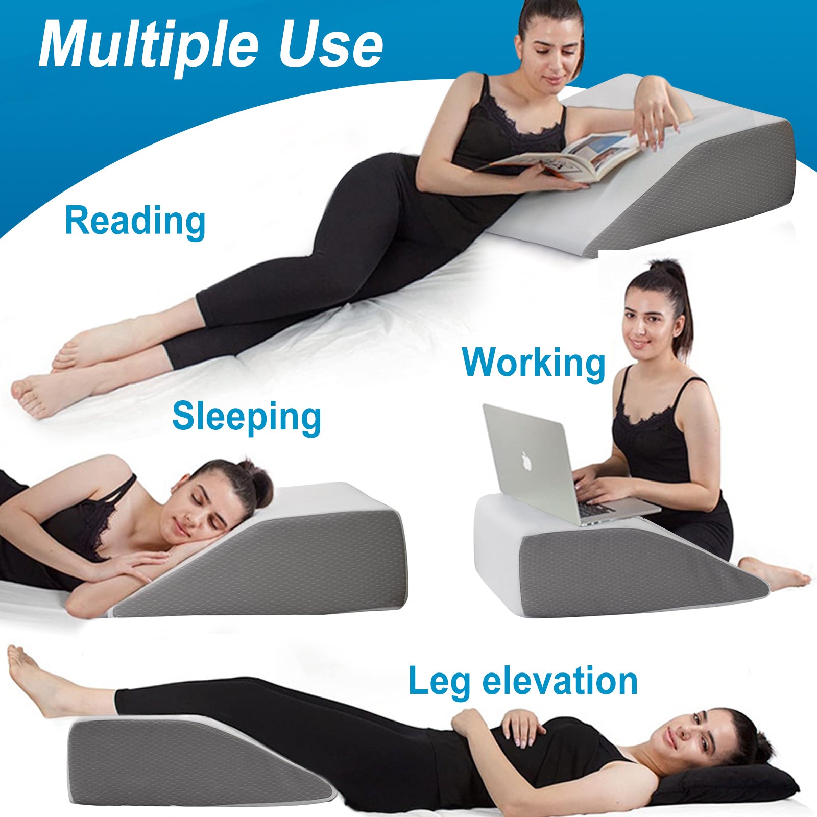 Woman using a wedge pillow for reading, working, sleeping, and leg elevation.