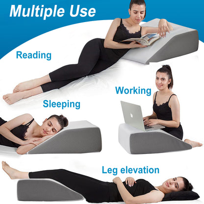 Woman using a wedge pillow for reading, working, sleeping, and leg elevation.