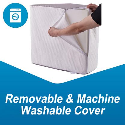 Person holding a mattress cover with text 'Removable & Machine Washable Cover' and a laundry symbol.
