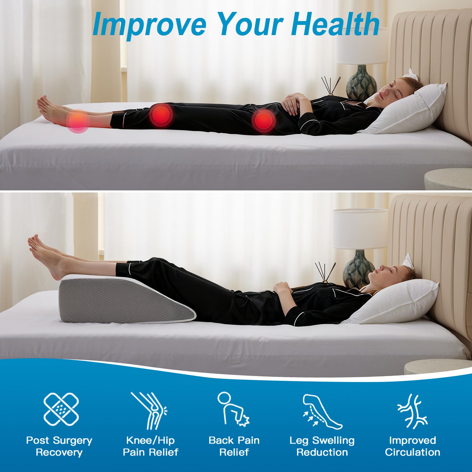 Person lying on a bed with a wedge pillow for health benefits, showing red circles on body parts.