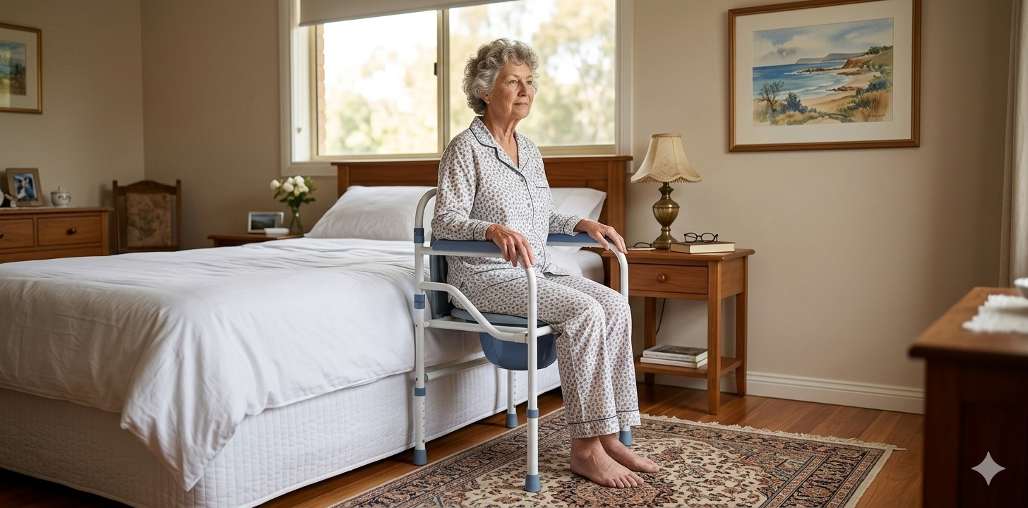 Woman using a walker in a bedroom with a bed and decor.