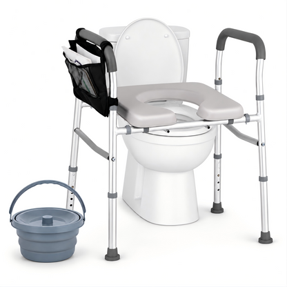 Adjustable bedside commode chair with collapsible bucket and height settings